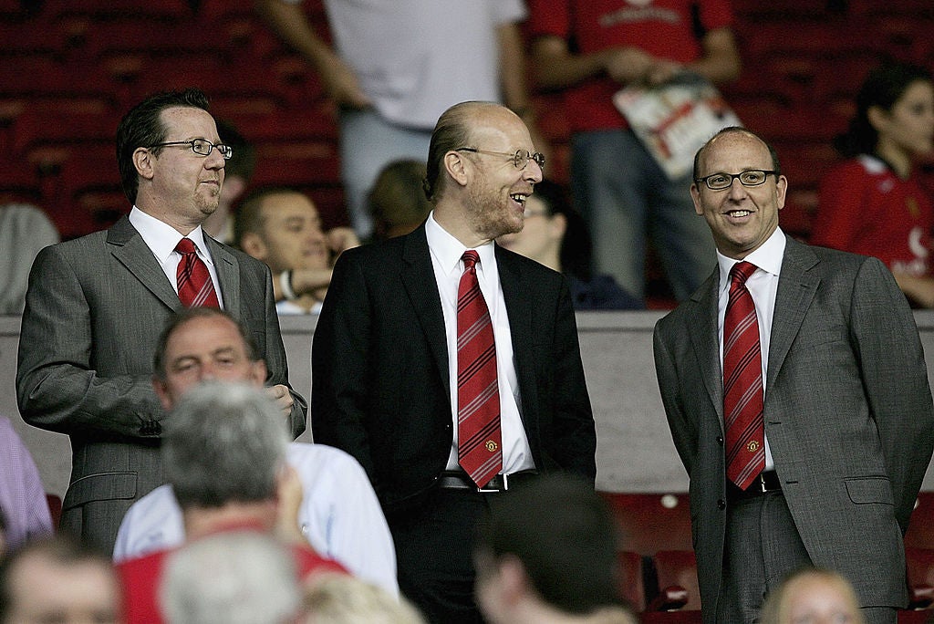 Joel Glazer, Avram Glazer and Bryan Glazer filmed at Old Trafford in the third round of the Champions League qualifying match on August 9, 2005.