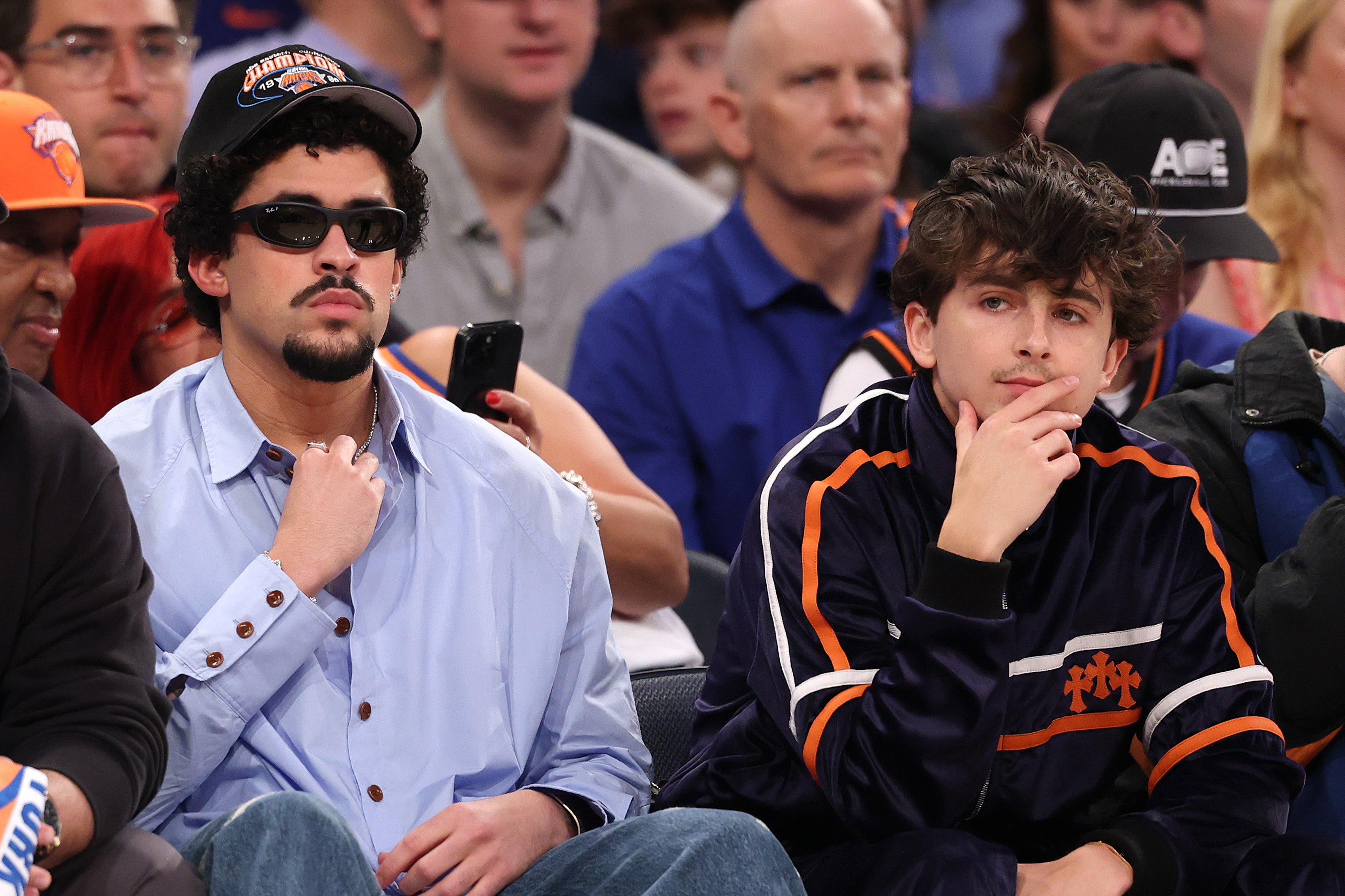 Chalamet (right) sat next to Bad Bunny at Game 6 of the Eastern Conference semifinals