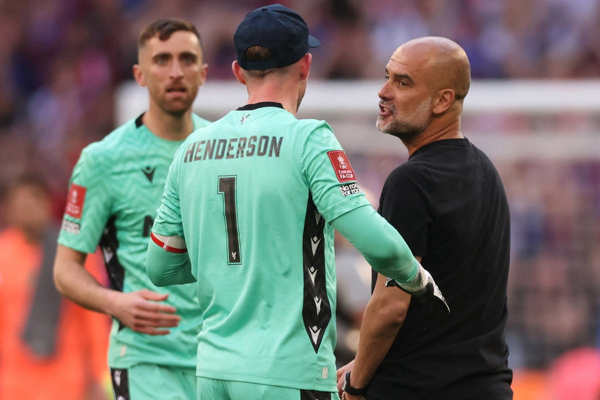 Pep Guardiola confronts Dean Henderson after Man City stunned in FA Cup final