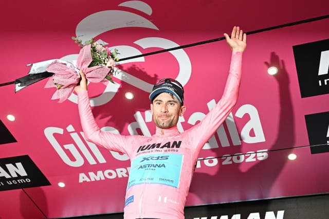 <p>Italian rider Diego Ulissi of Xds Astana Team wearing the overall leader's pink jersey</p>