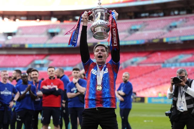 Crystal Palace manager Oliver Glasner lifted the FA Cup on Saturday (Nick Potts/PA)