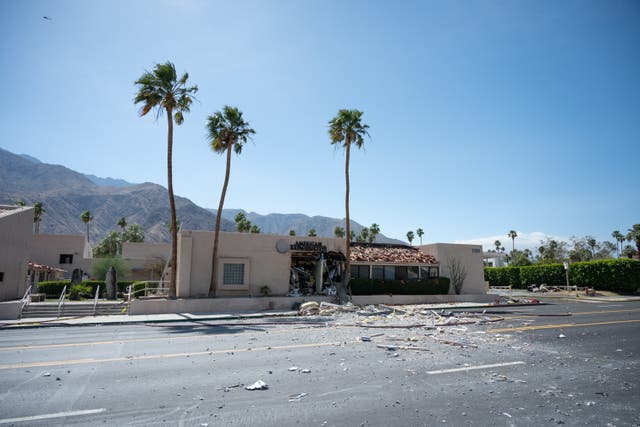 <p>Debris is seen outside a damaged American Reproductive Centers fertility clinic after a bomb blast outside the building in Palm Springs, California, on May 17, 2025</p>