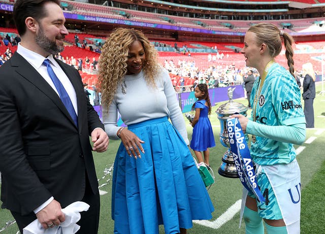 <p>Alexis Ohanian and Serena Williams with Chelsea’s Hannah Hampton after winning the FA Cup </p>