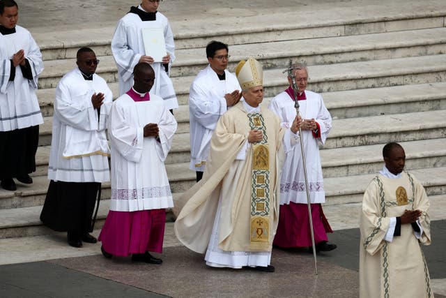<p>Pope Leo XIV walks during his inaugural Mass in Saint Peter's Square, at the Vatican</p>