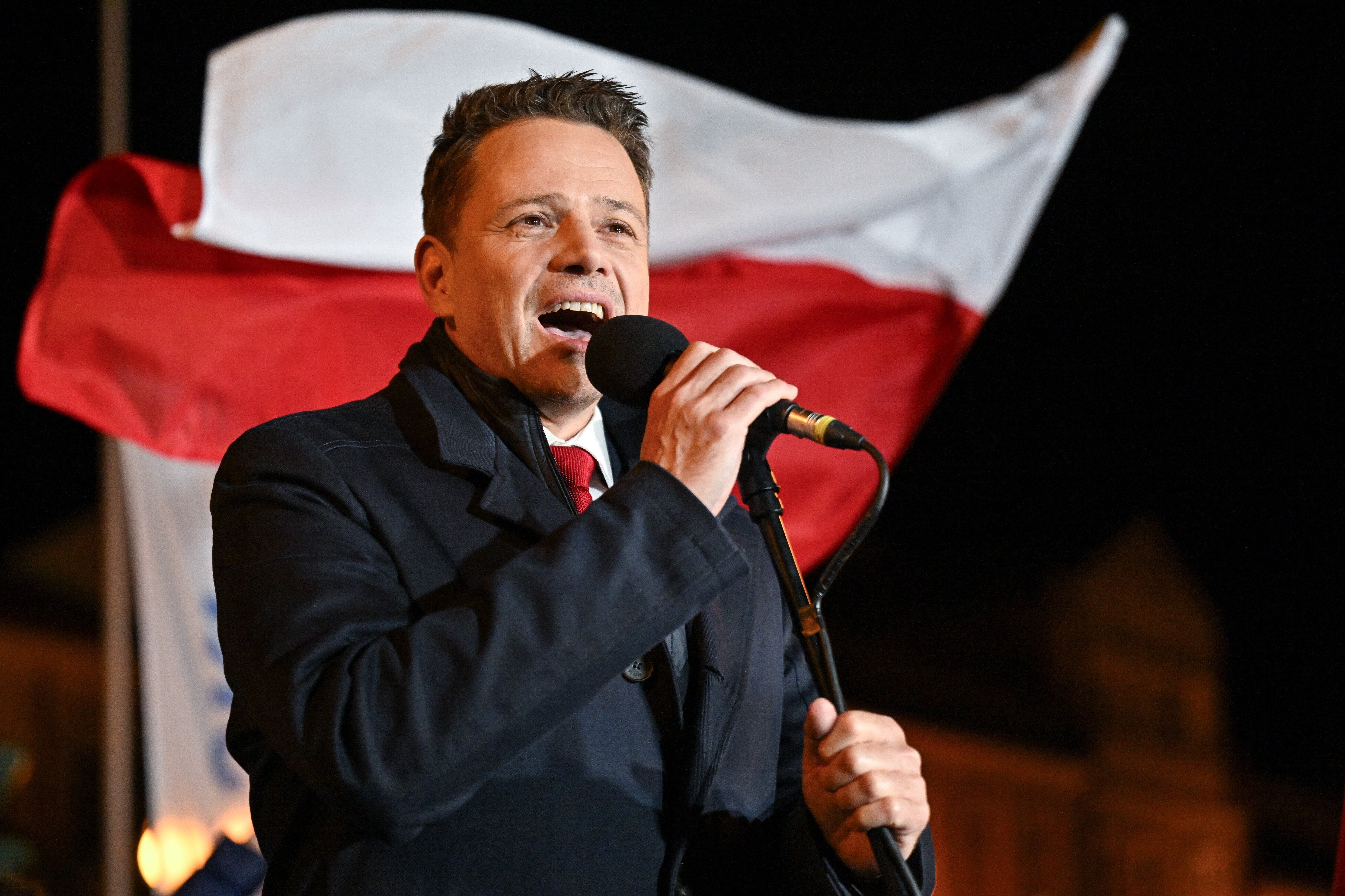Rafal Trzaskowski, mayor of Warsaw and Civic Coalition (KO) candidate for the Polish presidential election on the campaign trail in Tarnobrzeg