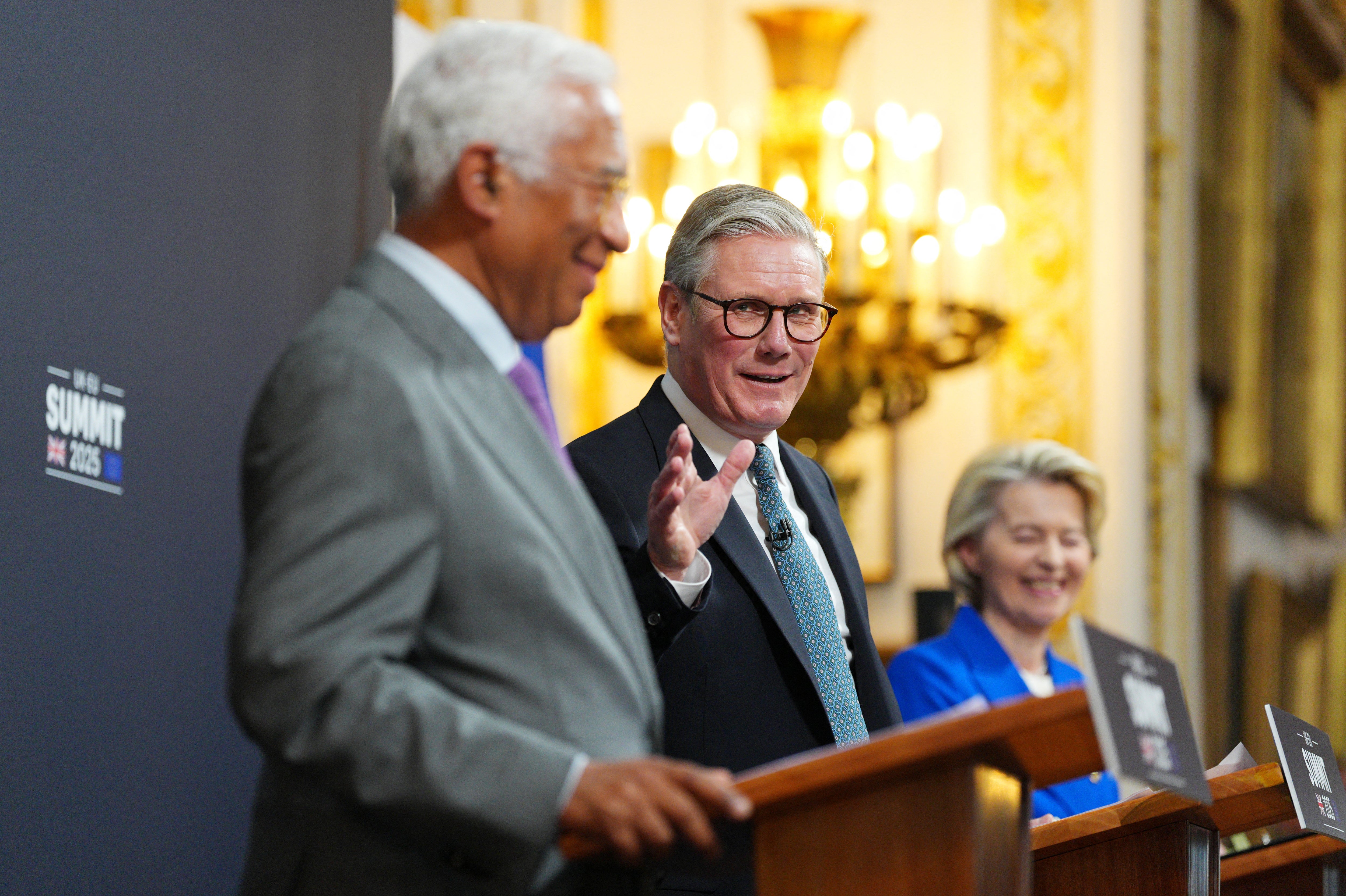 European Council president Antonio Costa, Britain's prime minister Keir Starmer and European Commission president Ursula von der Leyen host a joint press conference