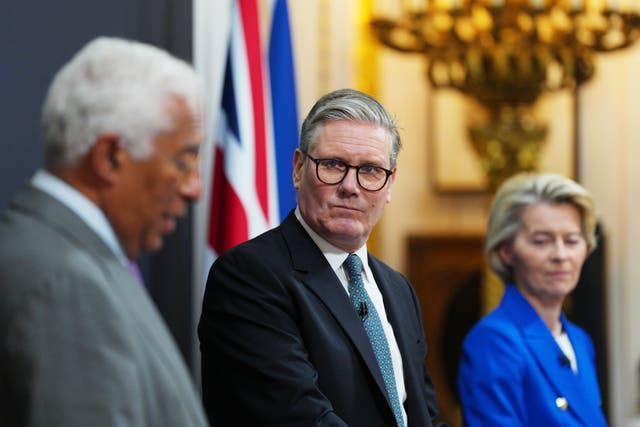 <p>Sir Keir Starmer with the European Council president, Antonio Costa, and the president of the European Commission, Ursula von der Leyen</p>