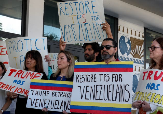 <p>Protesters in Miami rally to support temporary protected status for thousands of Venezuelans. On May 19, the Supreme Court paused lower-court orders that blocked the administration from ending those humanitarian protections.</p>