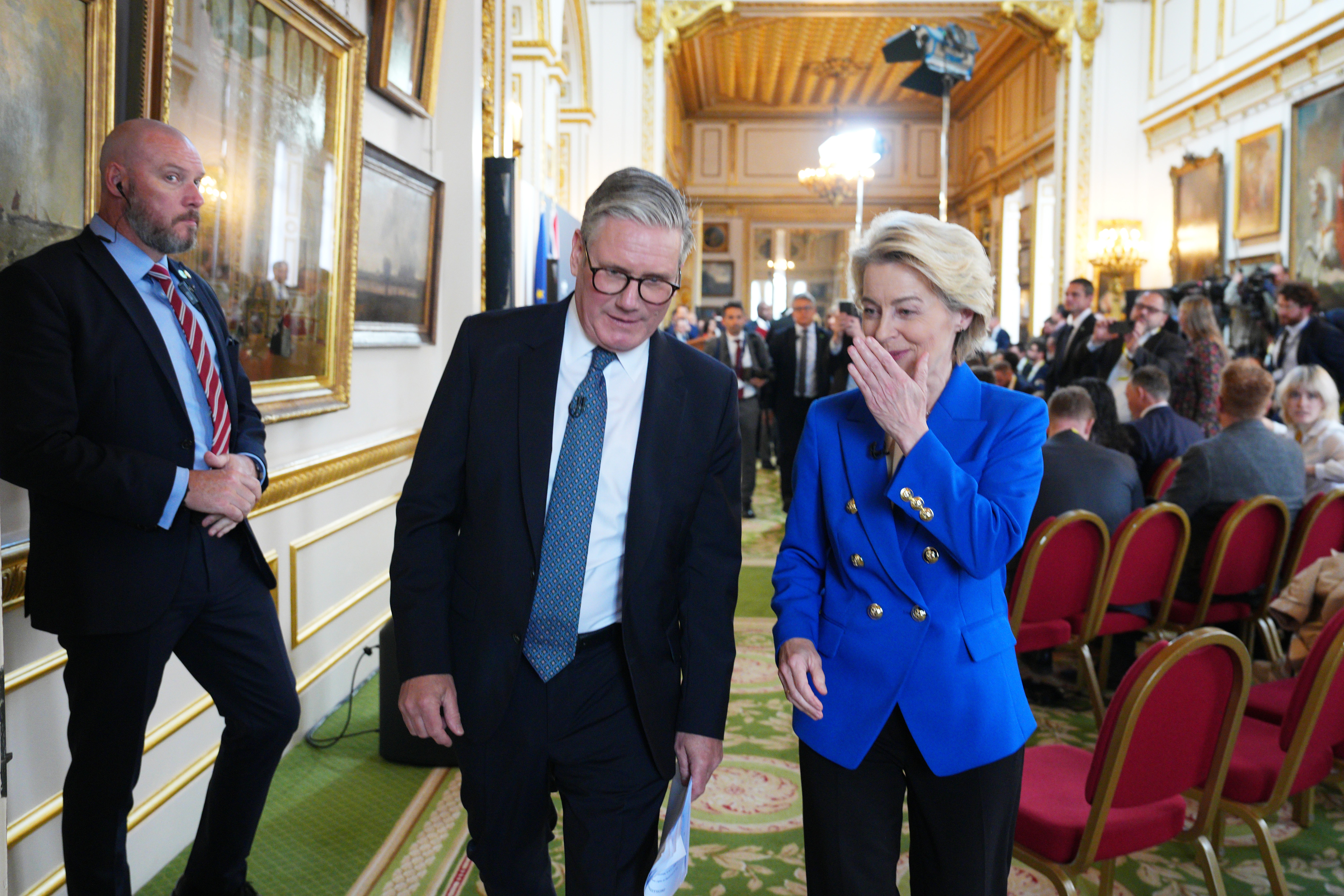 Sir Keir Starmer and president of the European Commission Ursula von der Leyen at a press conference at the end of the UK-EU Summit at Lancaster House in London (Carl Court/PA)