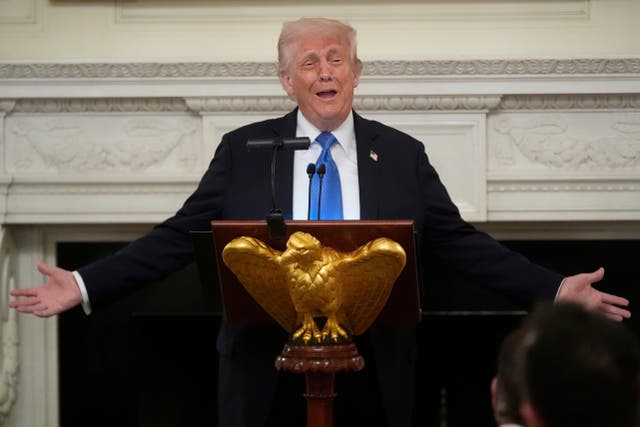 <p>Donald Trump speaks during a Kennedy Center board dinner in the State Dining Room at the White House, Monday</p>
