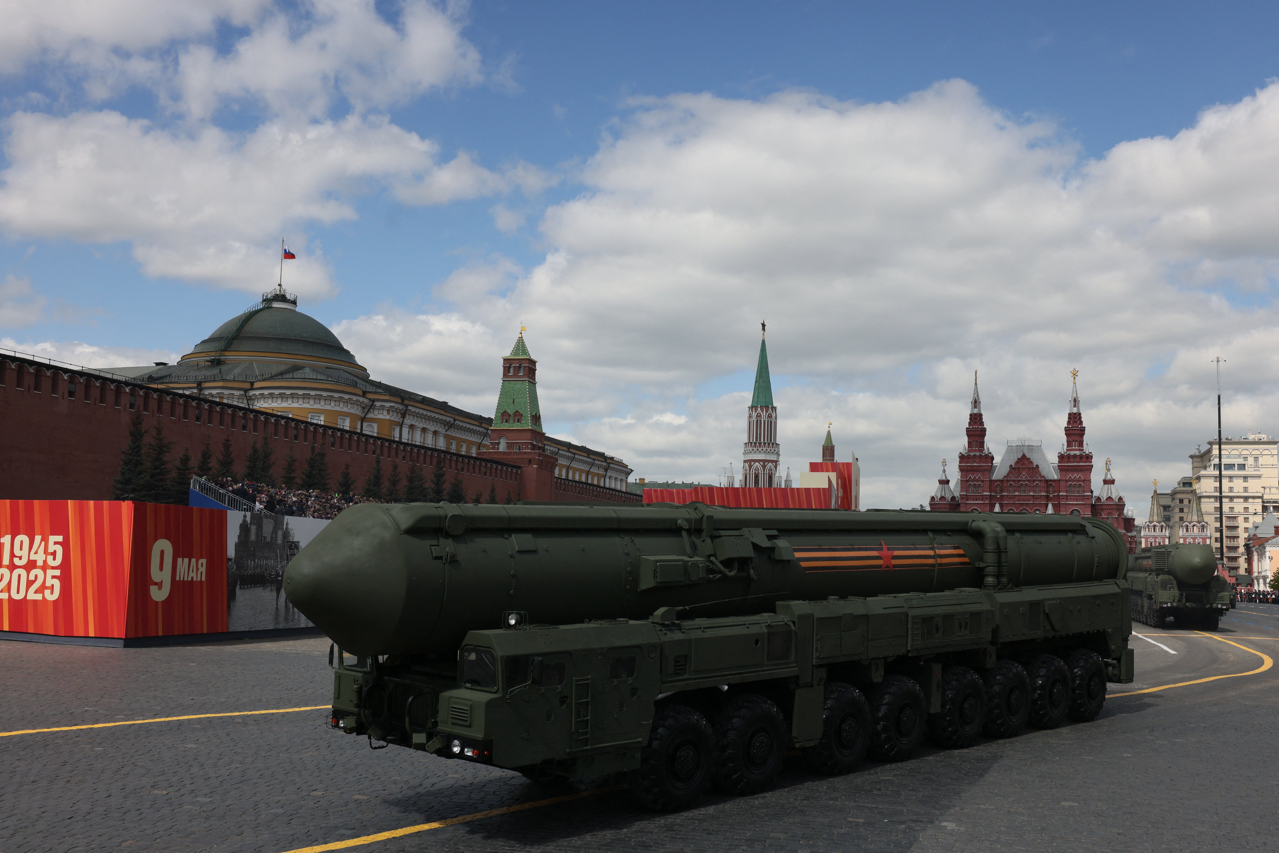 Russian Yars intercontinental ballistic missile launchers roll on Red Square during the Victory Day military parade in central Moscow