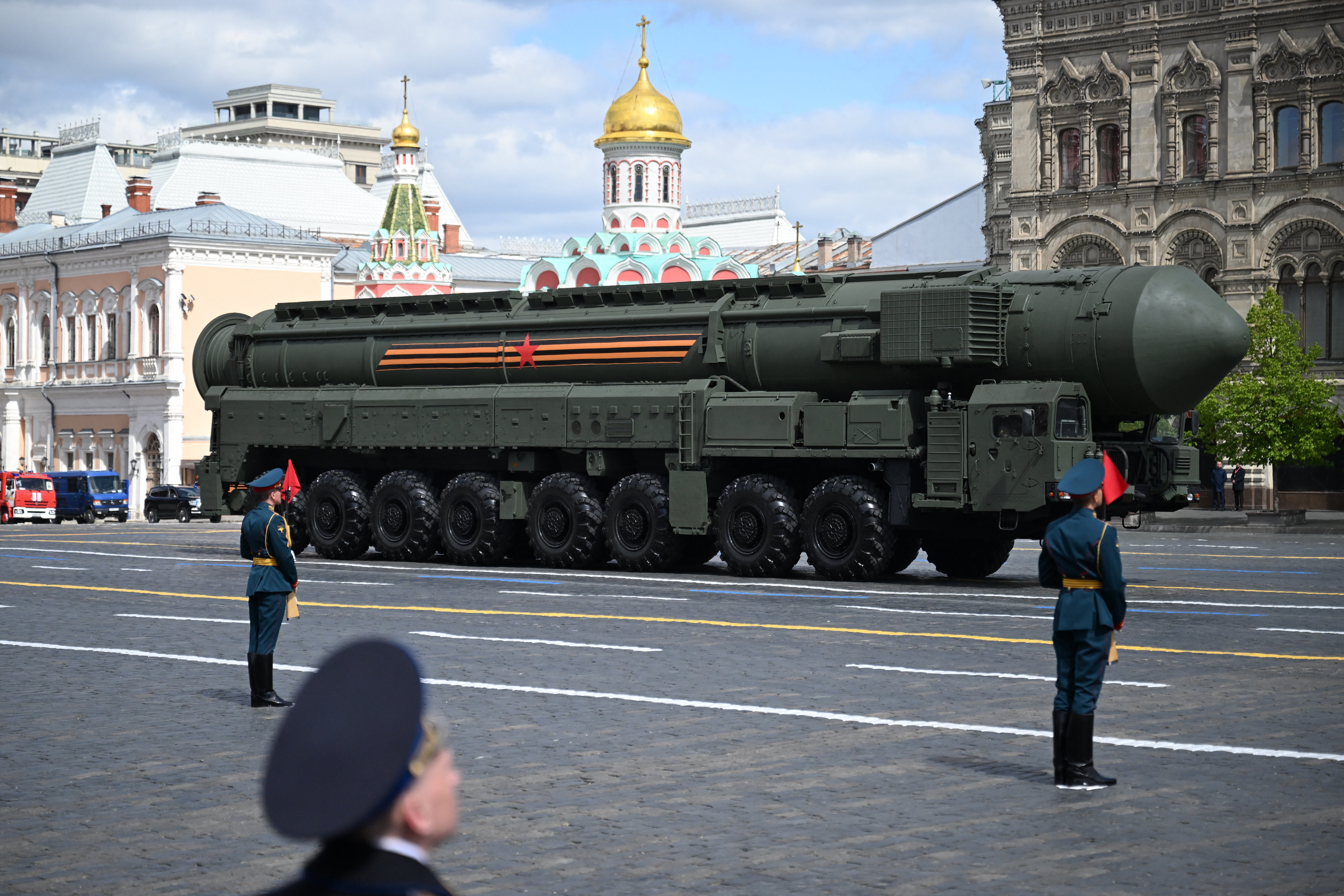A RS-24 Yars intercontinental ballistic missile system drives across Red Square during the Victory Day military parade