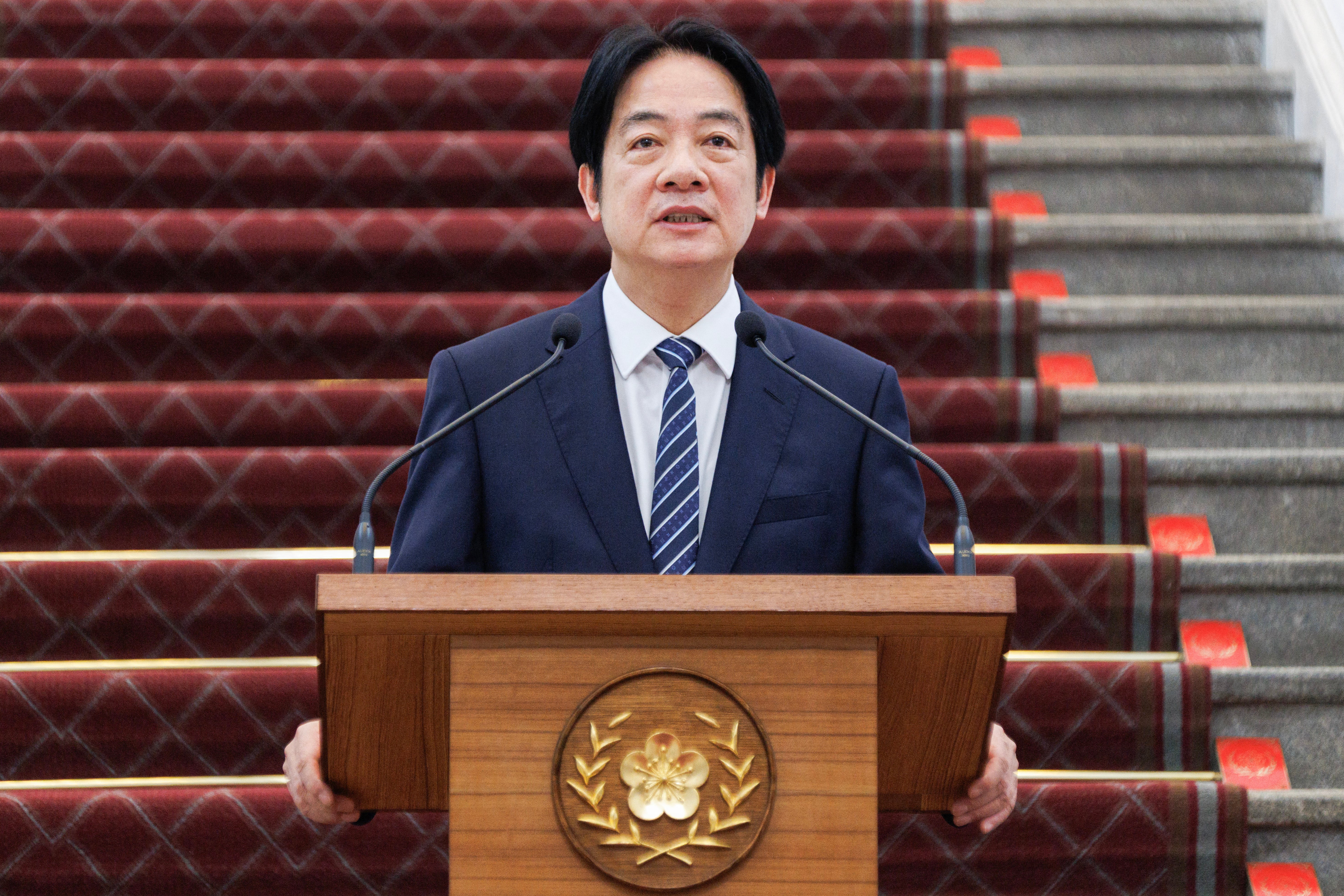 Taiwan's president Lai Ching-te delivers an address to mark the first anniversary of his inauguration at the Presidential Office in Taipei