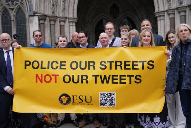 <p>Members of the Free Speech Union and supporters demonstrate in front of the Royal Courts of Justice ahead of Lucy Connolly’s appeal in London in May</p>