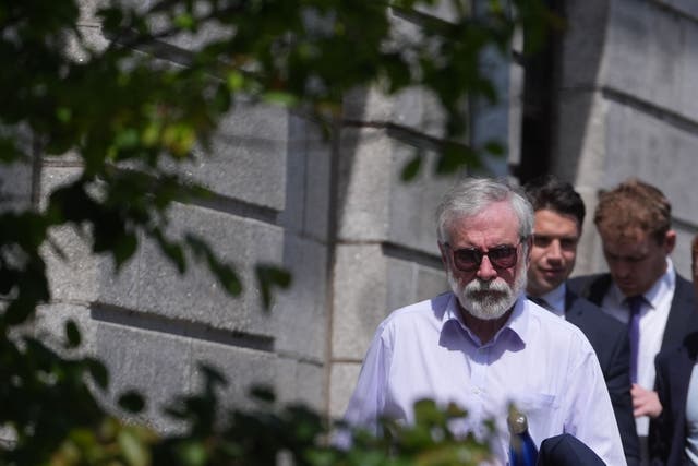 Former Sinn Fein president Gerry Adams outside the High Court in Dublin, where he is bringing a legal action against the BBC over allegations about the murder of an MI5 spy. Claims were made in a BBC Northern Ireland Spotlight programme in 2016 over who sanctioned the killing of British spy Denis Donaldson. Picture date: Thursday May 15, 2025.