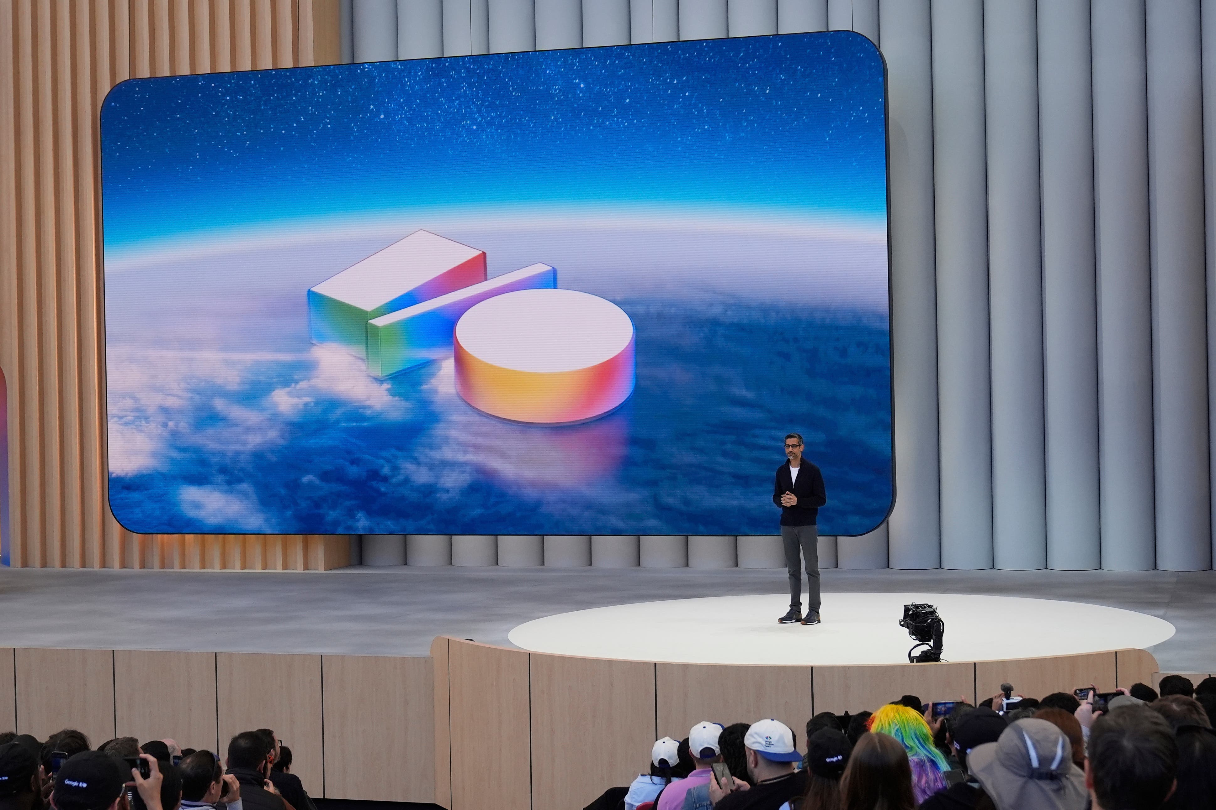 Alphabet chief executive Sundar Pichai speaking at the Google I/O event in California on Tuesday (Jeff Chiu/AP)
