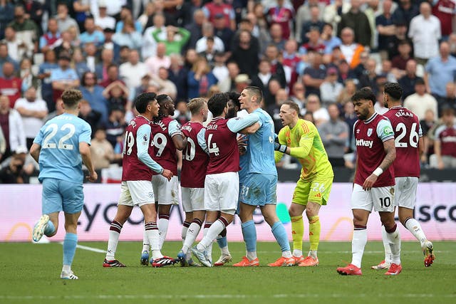 <p>West Ham and Nottingham Forest have been charged after the players became embroiled in a melee</p>