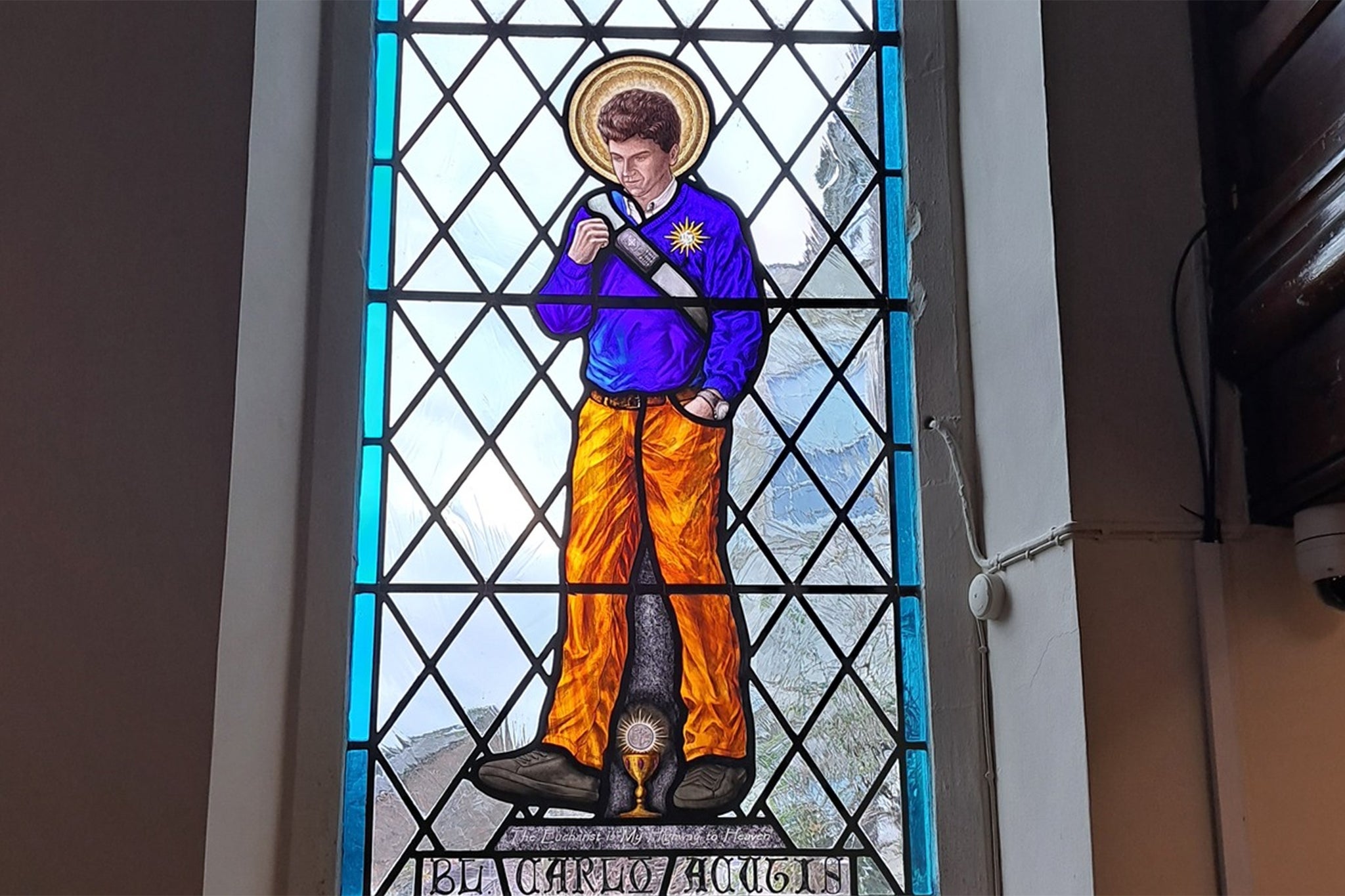 The stained glass window on display at St Aldhem’s RC Church