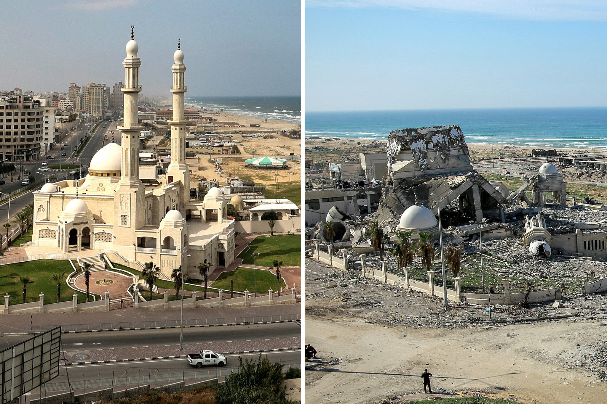 These images of the landmark Hassaina mosque in Gaza City (R) on January 26, 2021 and again three years later show the devastation