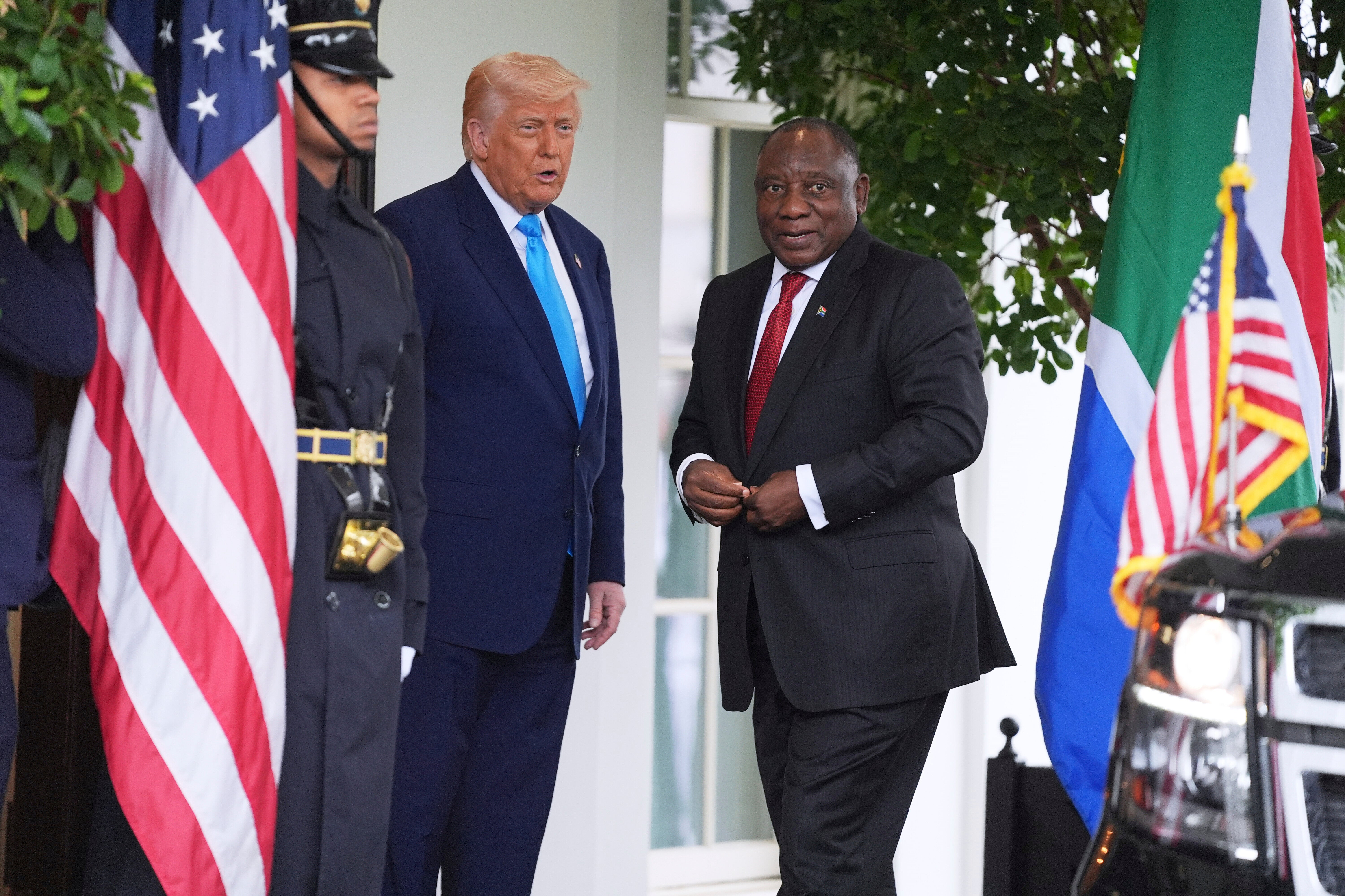 <p>President Donald Trump greets South African President Cyril Ramaphosa at the White House, Wednesday, May 21, 2025</p>