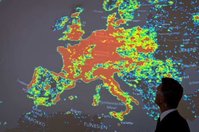 <p>A map displaying a botnet in Frankfurt, Germany, on 31 July, 2015</p>