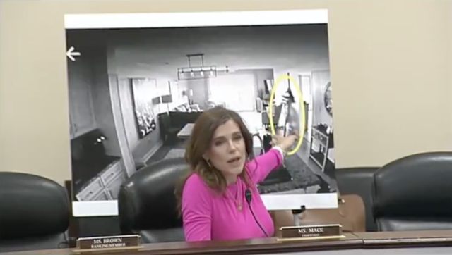<p>South Carolina Republican Rep. Nancy Mace presents a nude photograph of herself to a House subcommittee hearing on domestic surveillance on Tuesday May 20 2025</p>