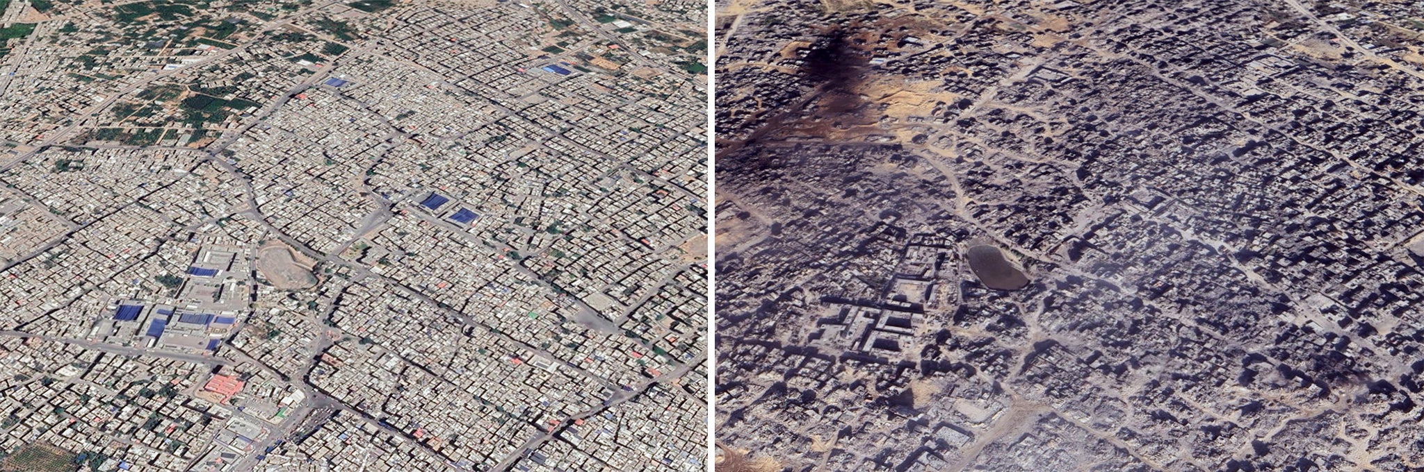 Jabalia refugee camp in Gaza pictured on 15 July 2023 and nearly 18 months later on 1 December 2024