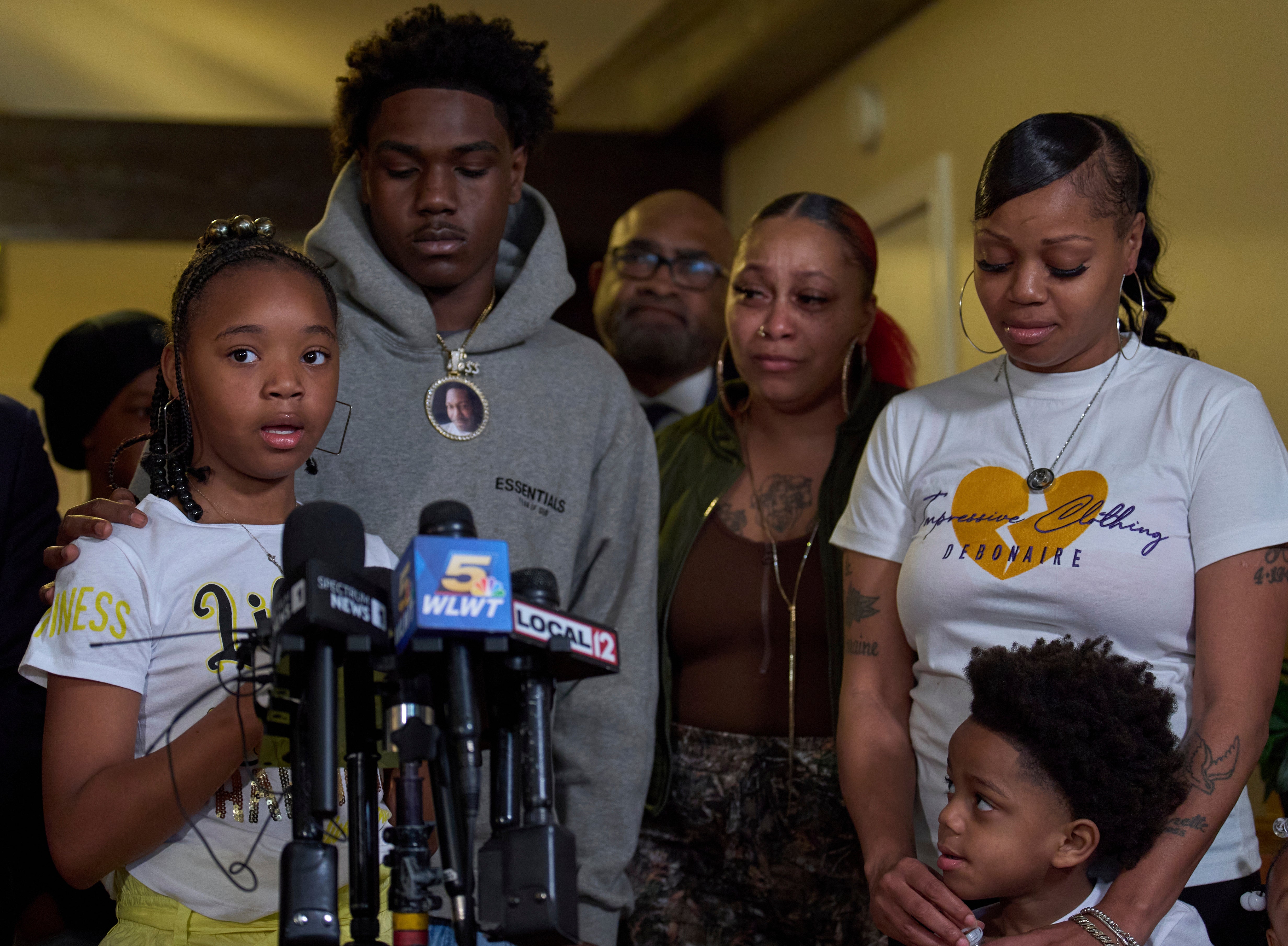 The family of Ryan Hinton and their legal team from The Cochran Firm, speak during a news conference, at The Cochran Firm offices, Monday, May 5, 2025, in Cincinnati.