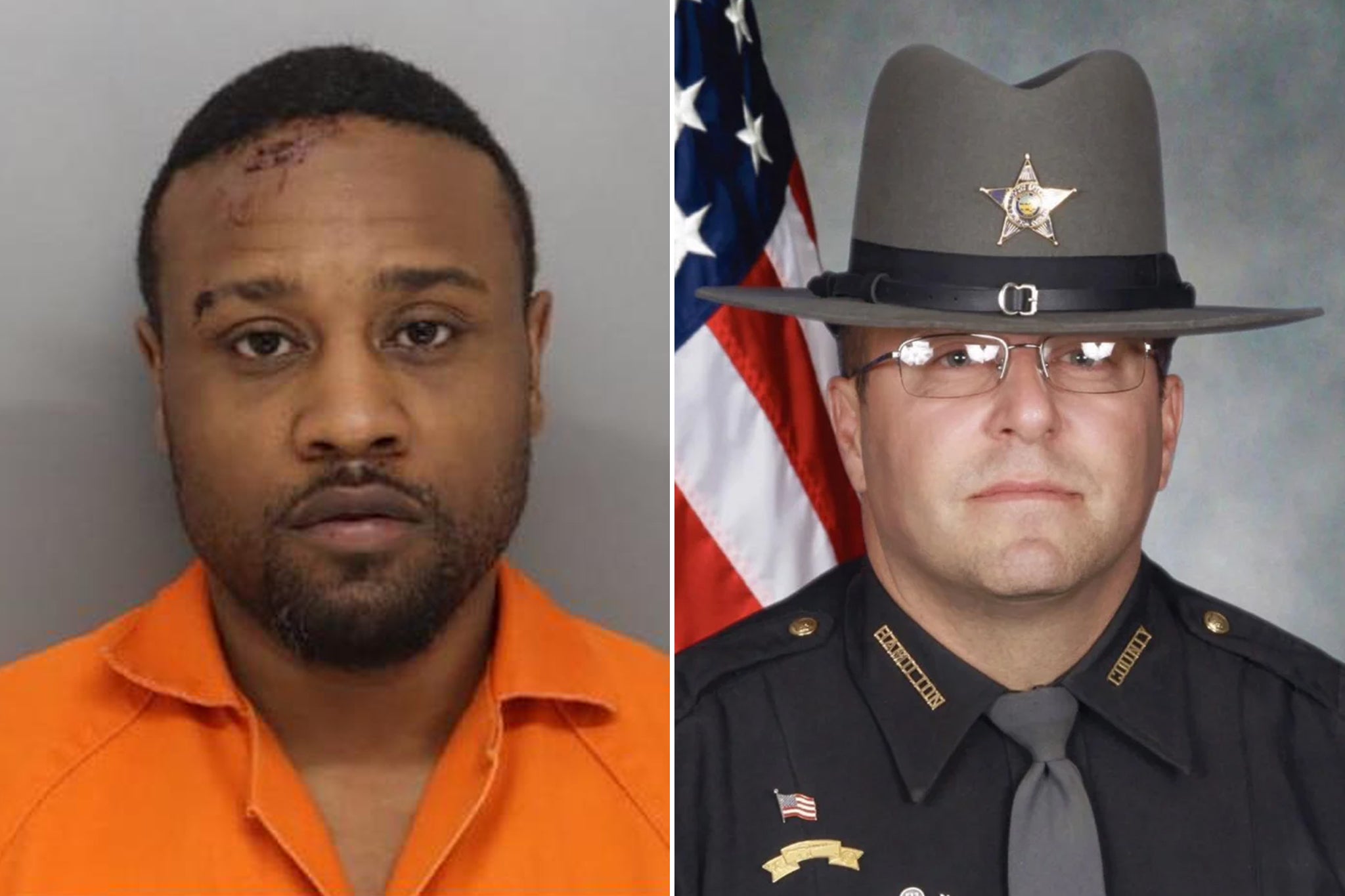 Rodney Hinton Jr, left, is accused of intentionally killing Deputy Larry Henderson, right, with his car just hours after watching body cam footage of his son being shot dead by police.