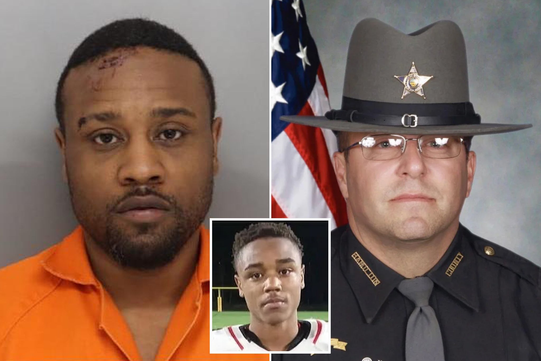 <p>Rodney Hinton Jr, left, is accused of intentionally killing Deputy Larry Henderson, right, with his car just hours after watching body cam footage of his son being shot dead by police. </p>