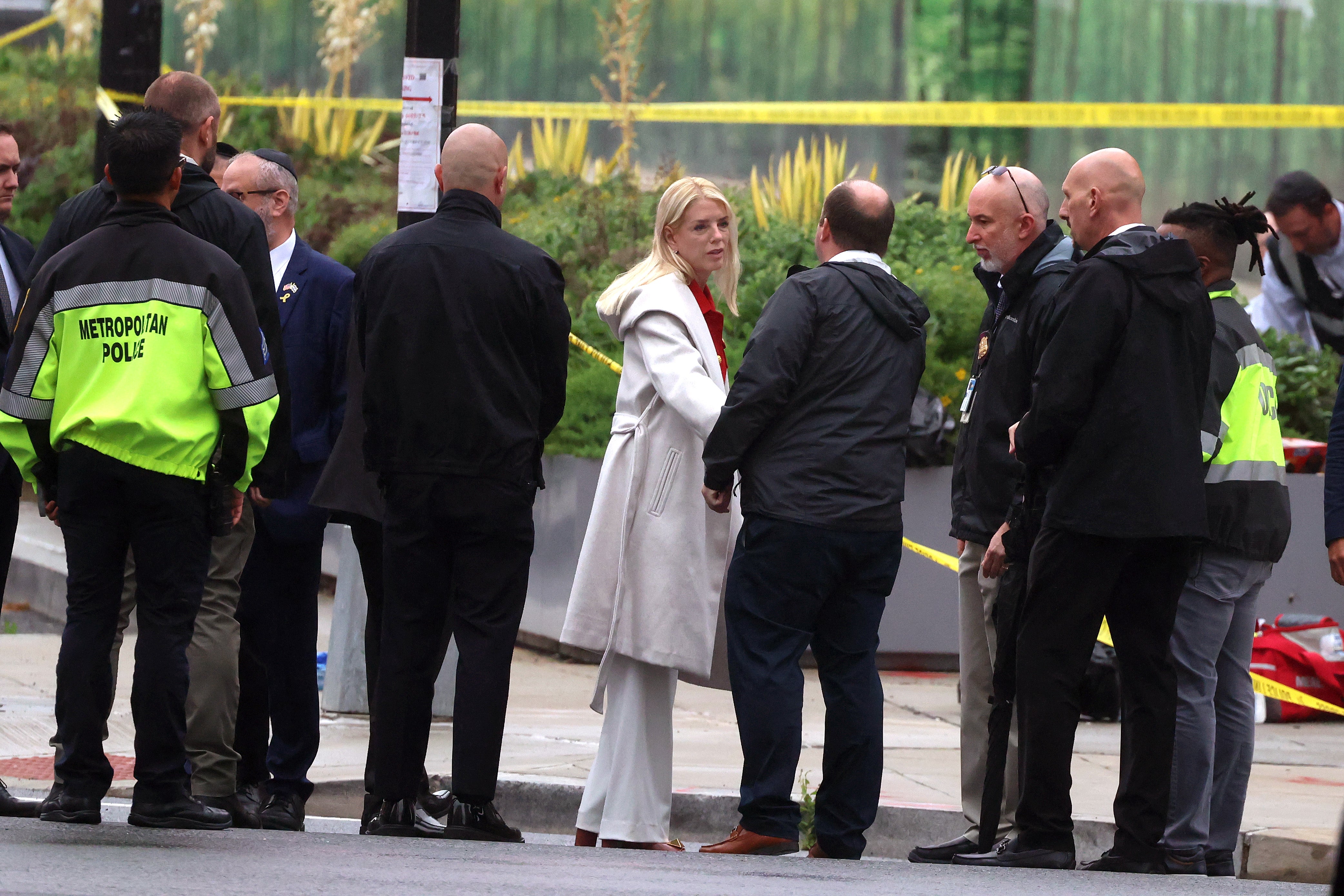 <p>U.S. Attorney General Pam Bondi meets with members of law enforcement at the site of the recent shooting outside Lillian and Albert Small Capital Jewish Museum on May 22, 2025 in Washington, DC</p>