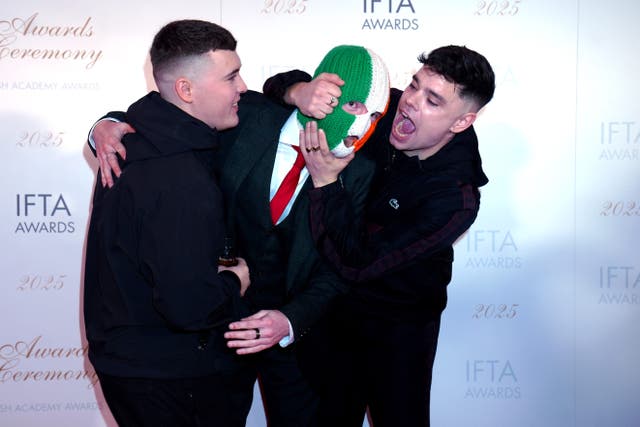 Members of Kneecap, Liam Og O Hannaidh (Mo Chara), JJ O Dochartaigh (DJ Provai), and Naoise O Caireallain (Moglai Bap) (Brian Lawless/PA)