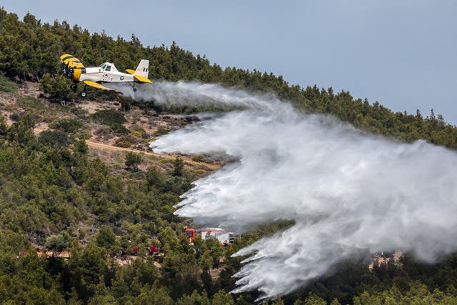 <p>A PZL firefighting plane drops water, during a wide scale readiness training exercise, as the country enters its peak fire season, in Lavrio, Greece, May 22, 2025</p>
