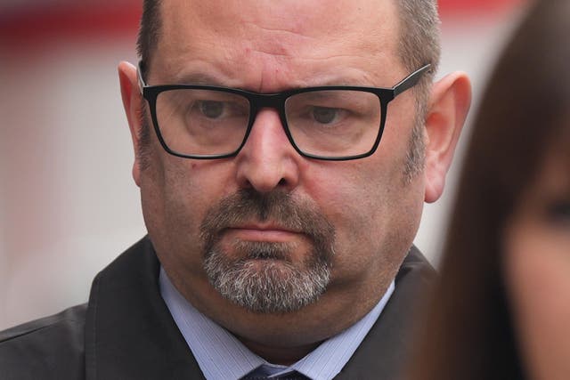 Pc Stephen Smith leaving Westminster Magistrates’ Court after an earlier appearance (Yui Mok/PA)