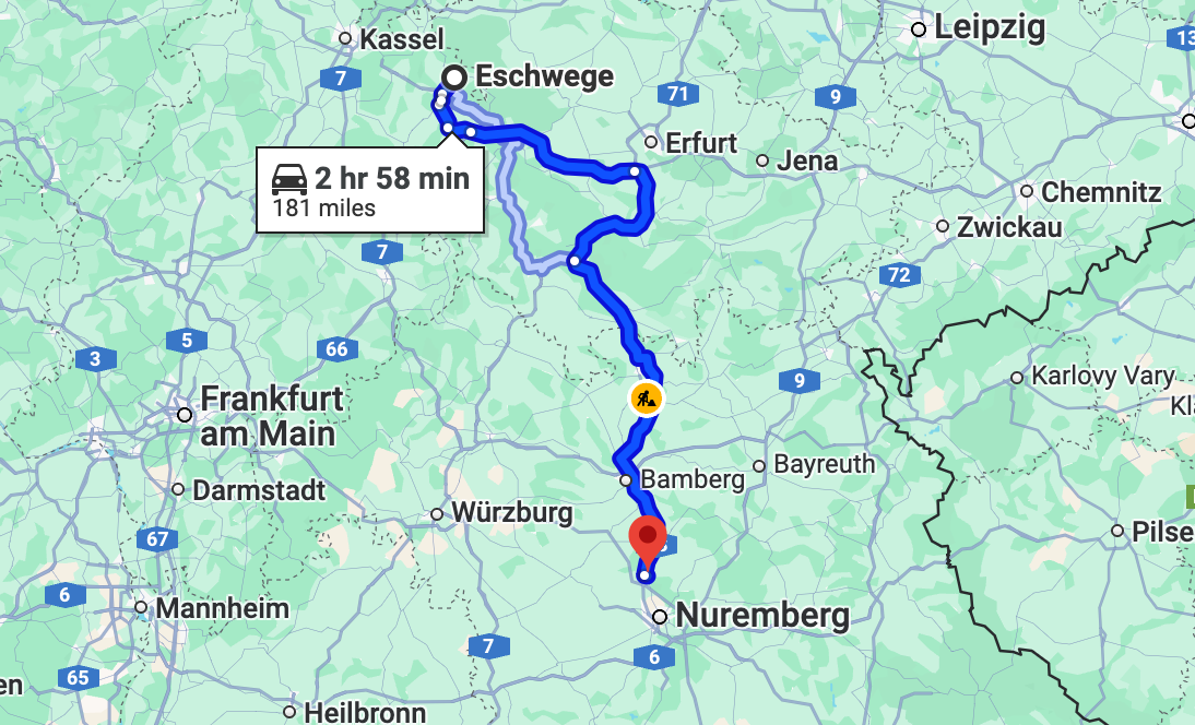 Map shows the couple’s weekly 180-mile route from their home in Eschwege to Erlangen