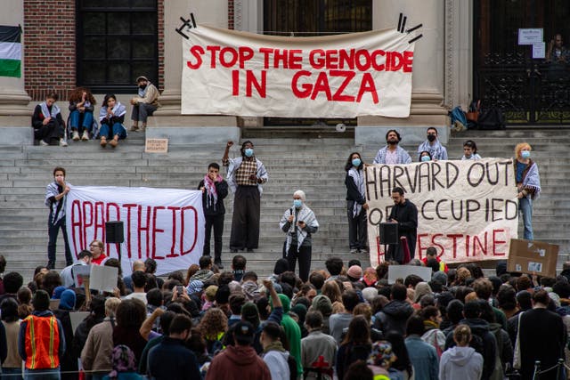<p>Protesters gather at Harvard University to show their support for Palestinians in Gaza. President Trump on Memorial Day said his administration is “still waiting” for “foreign student lists” from the Ivy League school<a href="/topic/harvard"></a>, which he said are needed to “determine ... how many radicalized lunatics, troublemakers all, should not be let back into our Country.” (Photo by JOSEPH PREZIOSO/AFP via Getty Images)</p>
