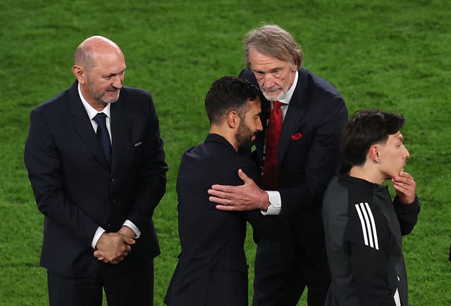 <p>Manchester United manager Ruben Amorim embraces Sir Jim Ratcliffe, Co-owner of Manchester United following the UEFA Europa League Final </p>