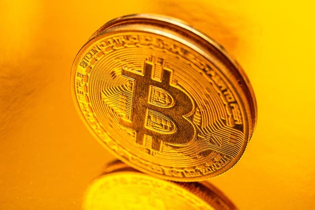 <p>A representation of a bitcoin placed on a golden leaf in Clermont Ferrand France on 26 March 2025</p>