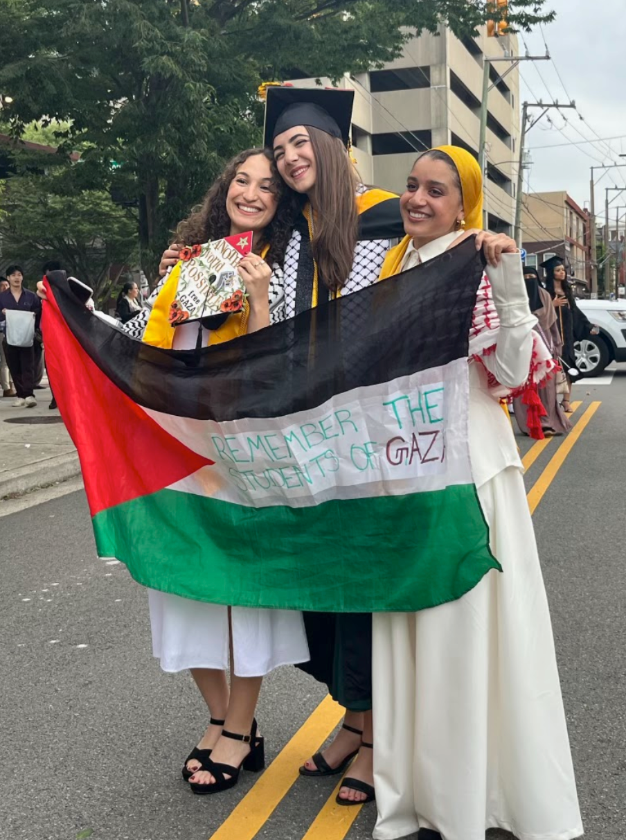 Virginia Commonwealth University students Selma Ait-Bella (left) and Sereen Haddad (center) have not been officially conferred their degrees, as officials investigate an April activist gathering on a campus lawn