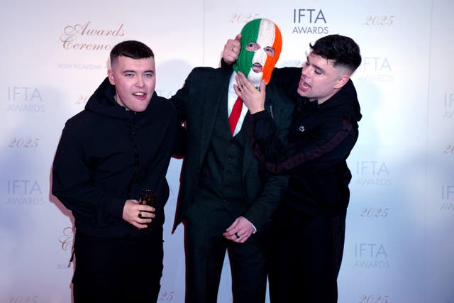 <p>Kneecap, left to right, Liam Og O Hannaidh (Mo Chara), JJ O Dochartaigh (DJ Provai), and Naoise O Caireallain (Moglai Bap)</p>