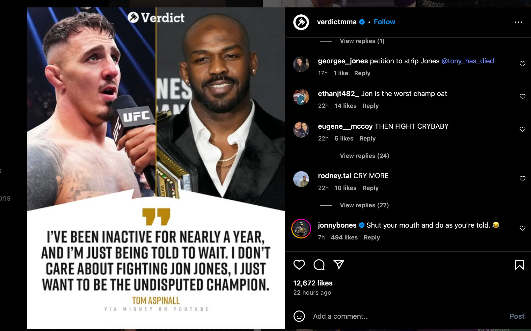 Jon Jones commenting on an Instagram post sharing Tom Aspinall's words