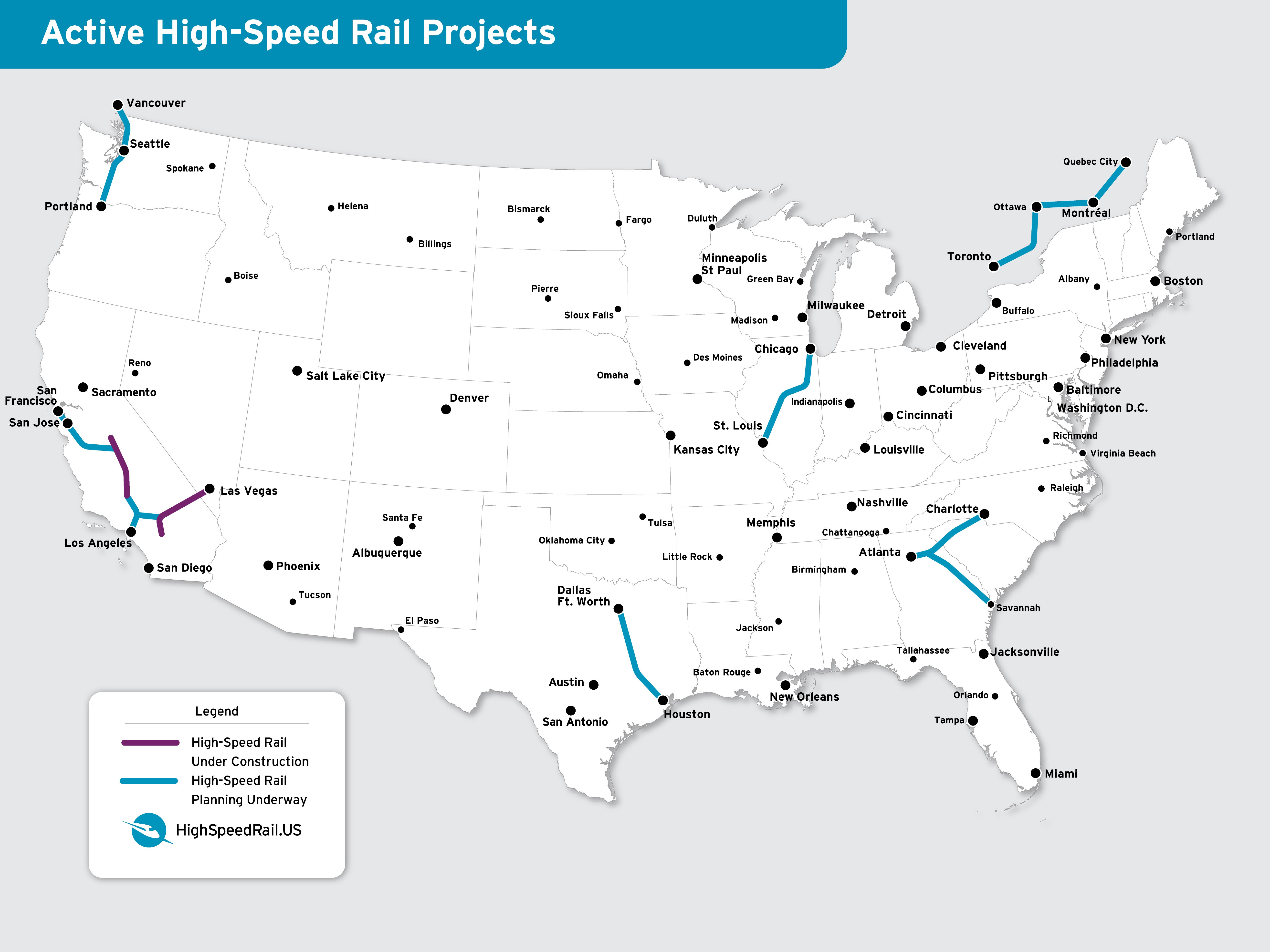 This map from the High Speed Rail Alliance shows America's foetal high-speed rail network. Only two high-speed lines are under construction, marked in purple - a 220mph LA to San Francisco line and the 186mph Brightline West, which will run from Las Vegas to an outer suburb of Los Angeles
