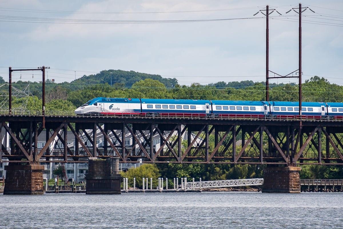 An Acela crossing the Susquehanna River during a trial run. The train will run on existing track that only allows for high speeds of 150mph in two sections, near Princeton in New Jersey and a short stretch in Connecticut
