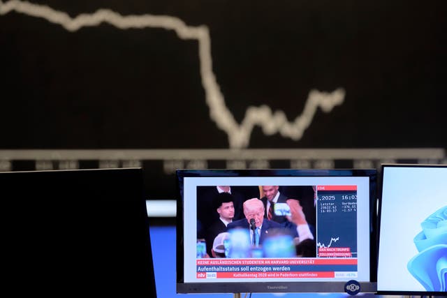 <p>The German Dax in the background of a Trump press conference</p>