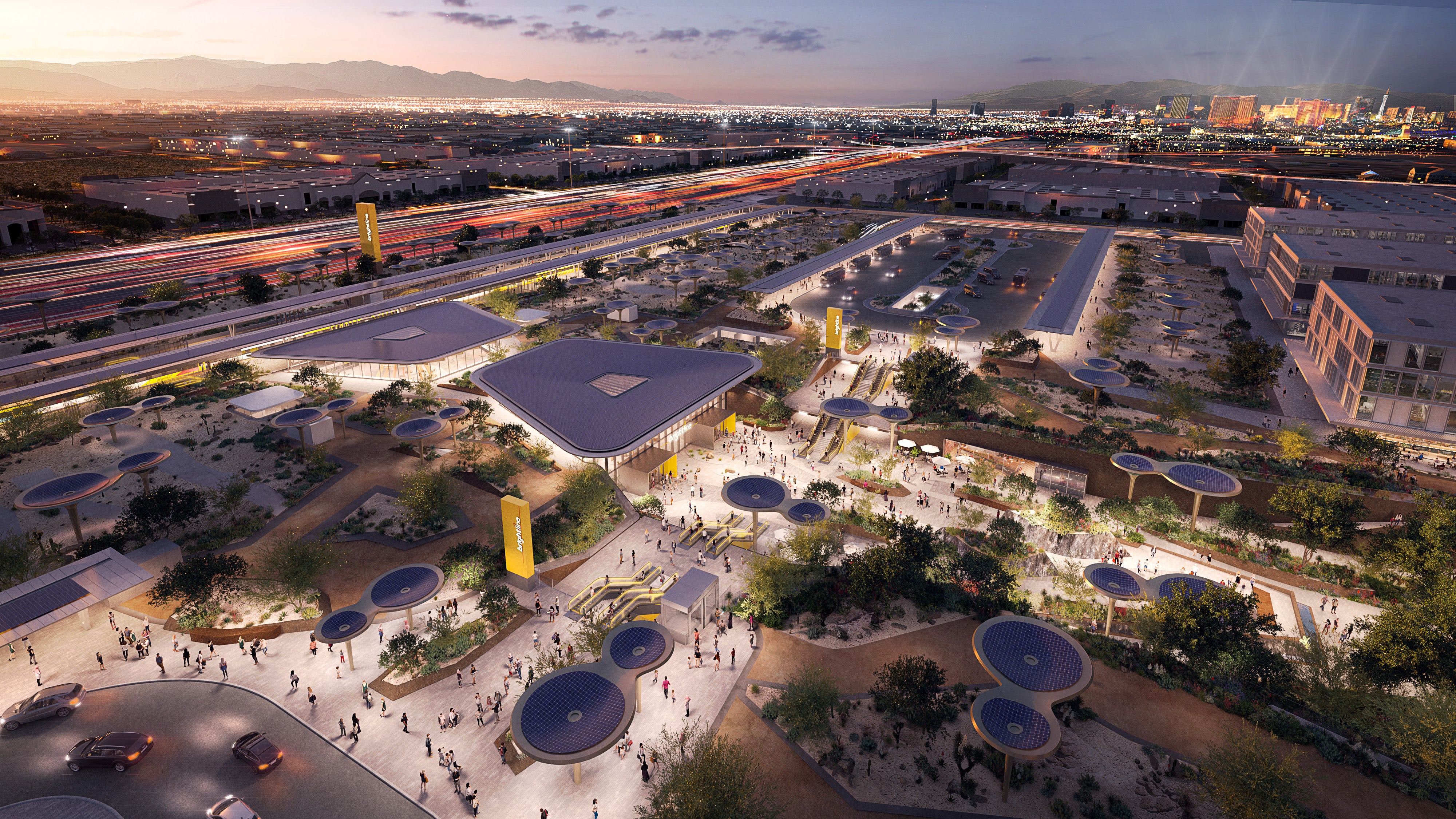 The Brightline West Las Vegas station (rendered). Rail author Will Doig said: ‘We shouldn't be asking whether Americans will ever convert to train travel, we should be asking whether America will ever provide railways worth converting to’