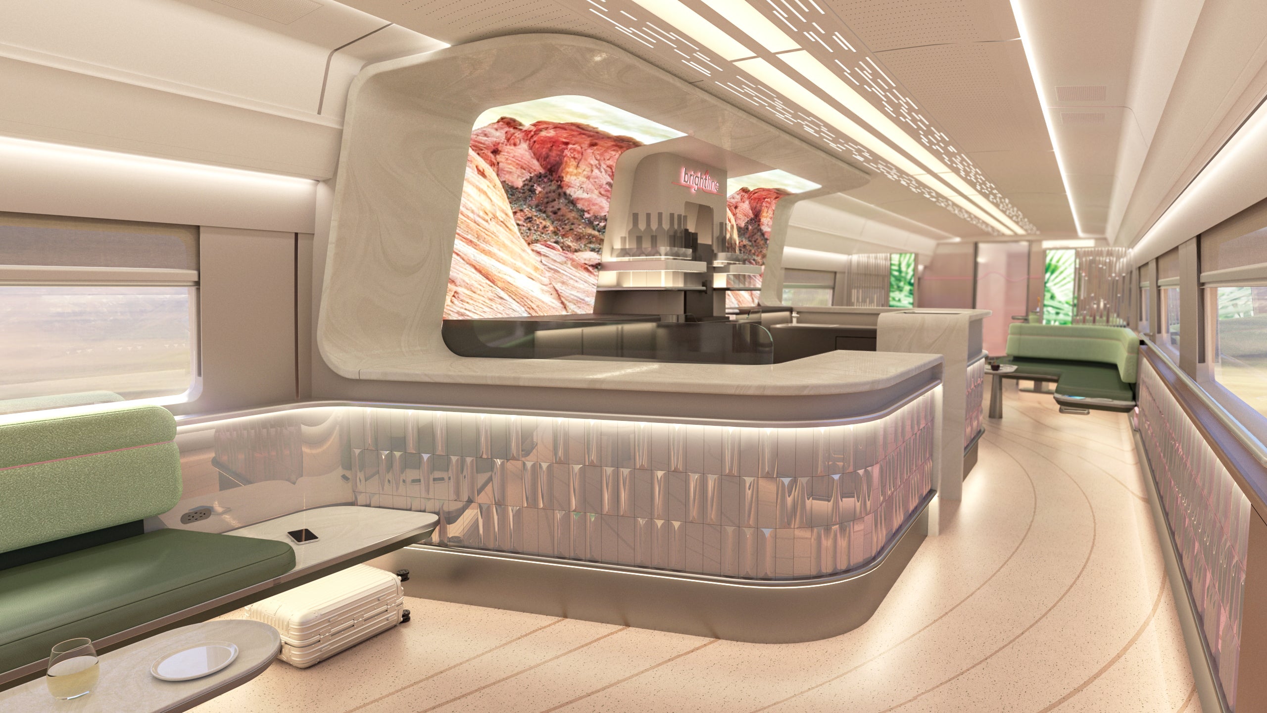 A rendering of a Brightline West cafe car