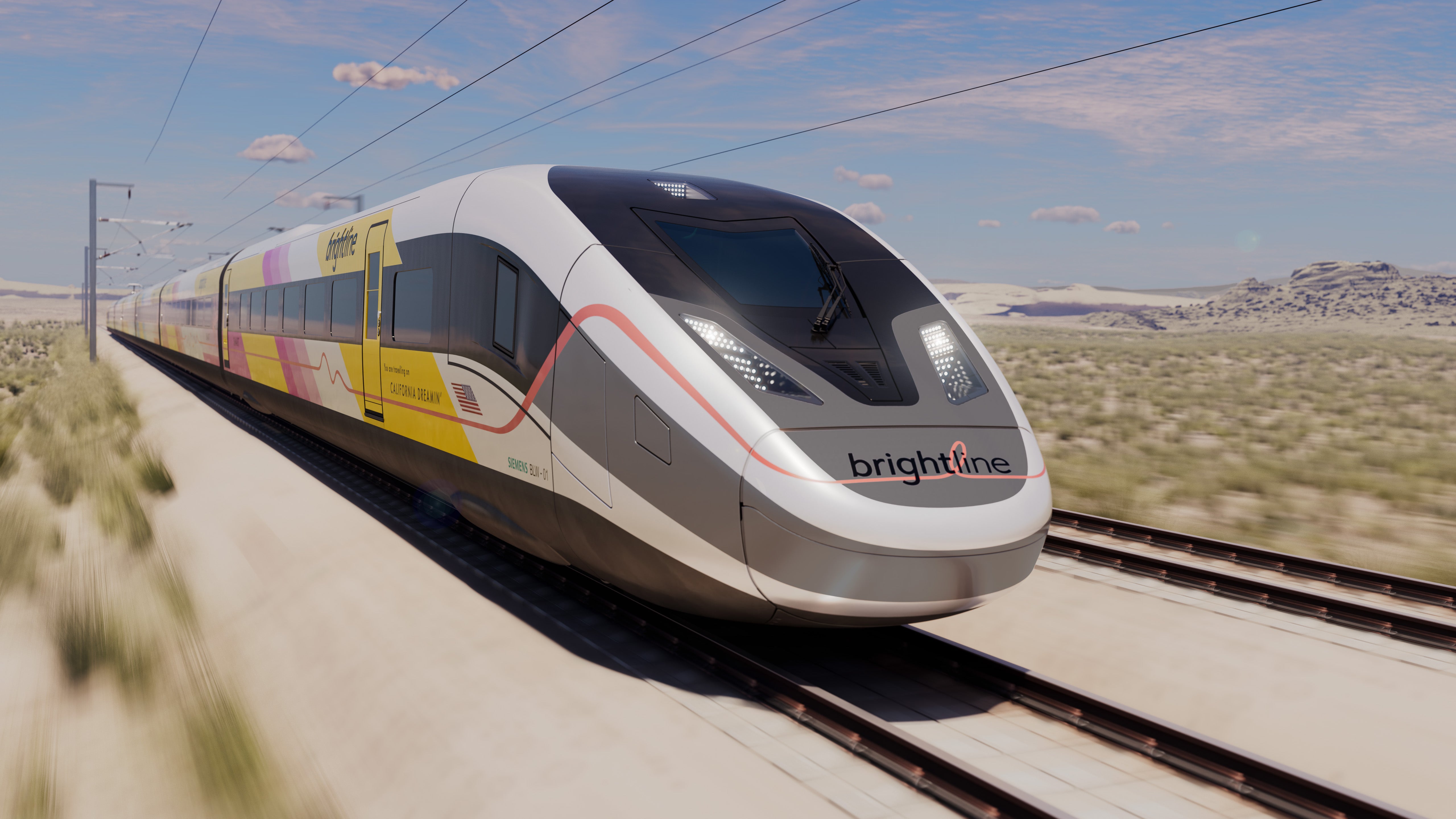 A rendering of California's 186mph Brightline West train