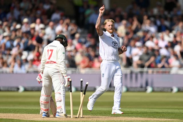 <p>Ben Stokes celebrates after he bowls out Wessley Madhevere</p>