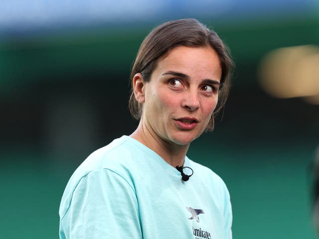 <p>Arsenal head coach Renee Slegers ahead of the Women's Champions League final</p>