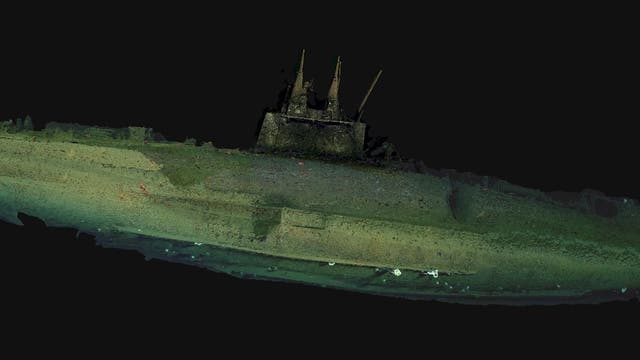 <p>A photogrammetric reconstruction shows the USS F-1 submarine on the San Diego, California, seafloor.  New images and video of the sunken vessel were released this week</p>